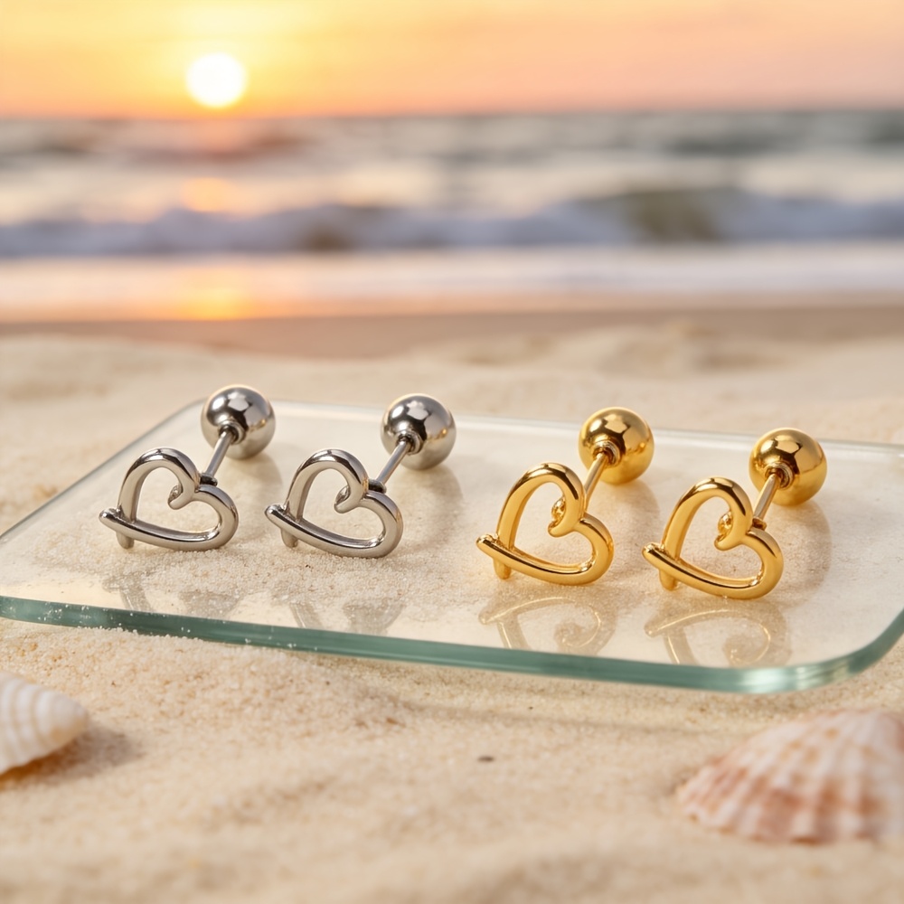 Women's Hollow-Out Heart Screw Ear Studs, Two-Tone Design